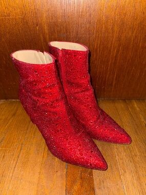 Betsey Johnson Red Crystal-Embellished Pointed Toe Ankle Booties